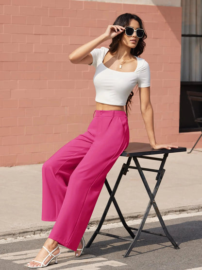 High Waisted Fashion Wide Leg Trousers Womens Loose Casual Lightweight Soft Button Closure 2 Pockets Pants The Clothing Company Sydney