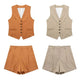 2 Piece Women's Suit Button V Neck Waistcoats Elegant Vest Top Zipper High Waist Slim Pants Shorts Summer Female Streetwear