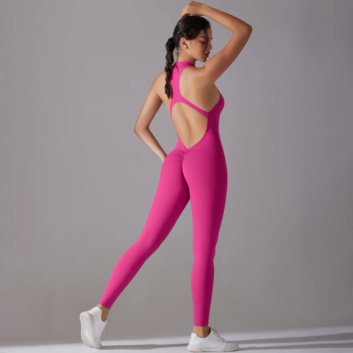 Hollow Backless Scrunch Sporty Jumpsuit Woman Gym Set One Piece Sport Suit Sleeveless Zip Yoga Fitness Overalls