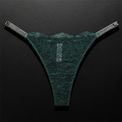 Crystal Embellished Perspective Lace Thong Breathable Underwear Women Transparent T-back Plus Size G String