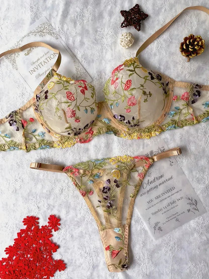 Yimunancy Floral Embroidery Lingerie Set Women Sheer 2-Piece Boho Bra + Panty Underwear Set Intimates The Clothing Company Sydney