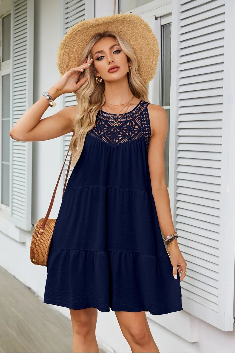 Hollow Lace Patchwork Halter Neck Women A Line Dress Summer Casual Solid Color Loose Beach Holiday Sundress