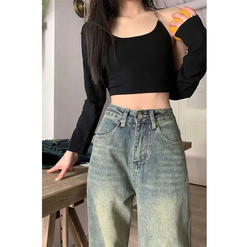 Vintage Baggy Straight Denim Trousers Y2K High Waist Loose Wide Leg Jeans Women Streetwear All-Match Casual Pants The Clothing Company Sydney