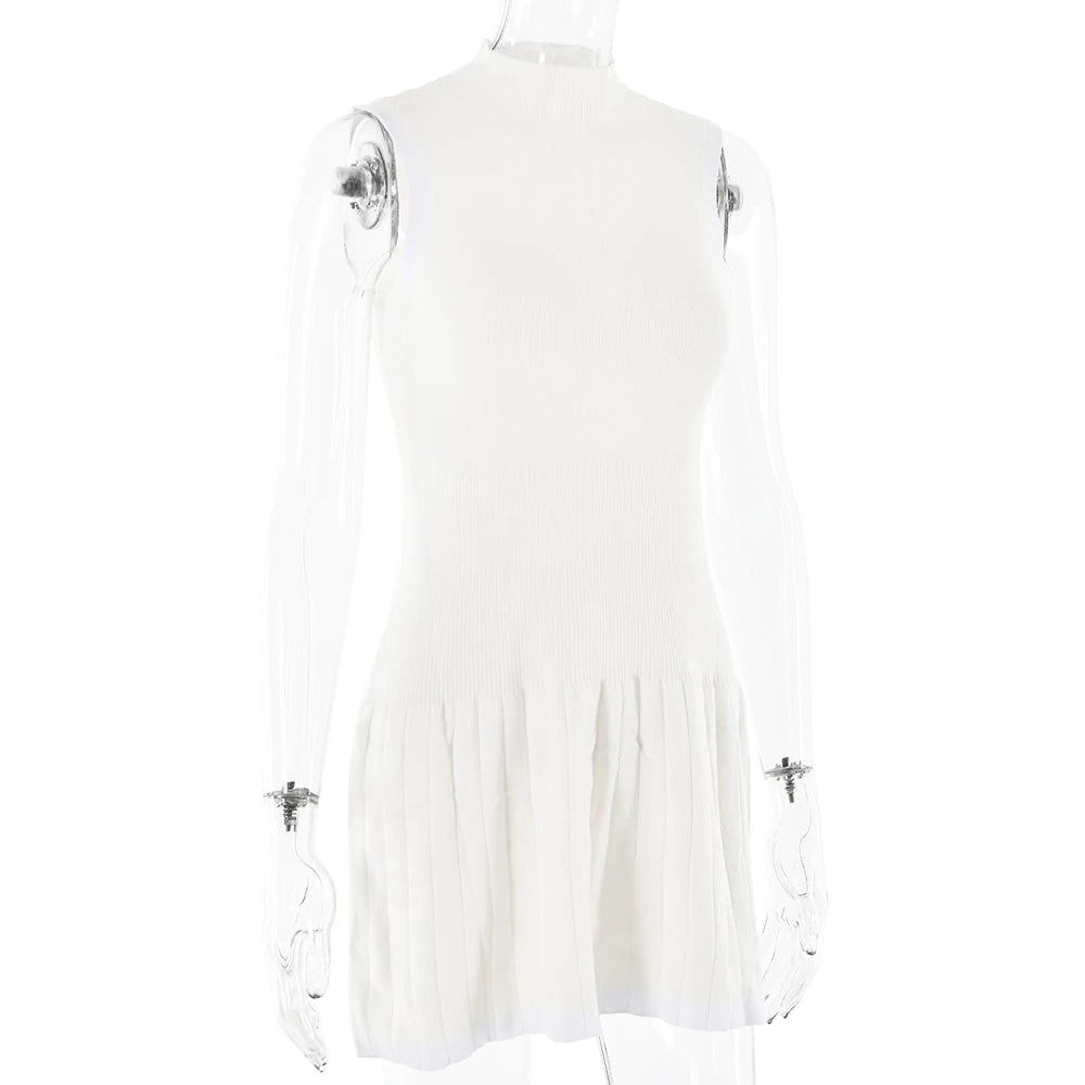 Knitted Round Neck Pleated Women's White Sleeveless High Waist Summer Casual Sporty Dress The Clothing Company Sydney