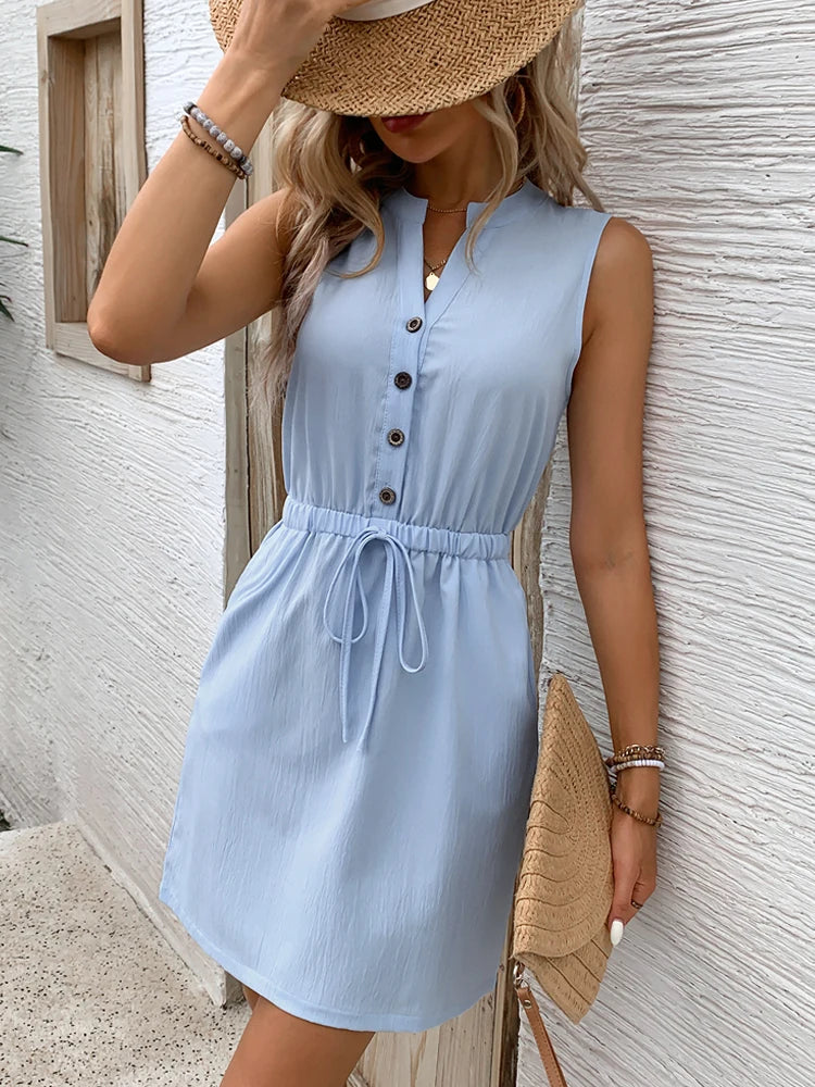 Sleeveless Button Up Round Neck Drawstring Dress The Clothing Company Sydney