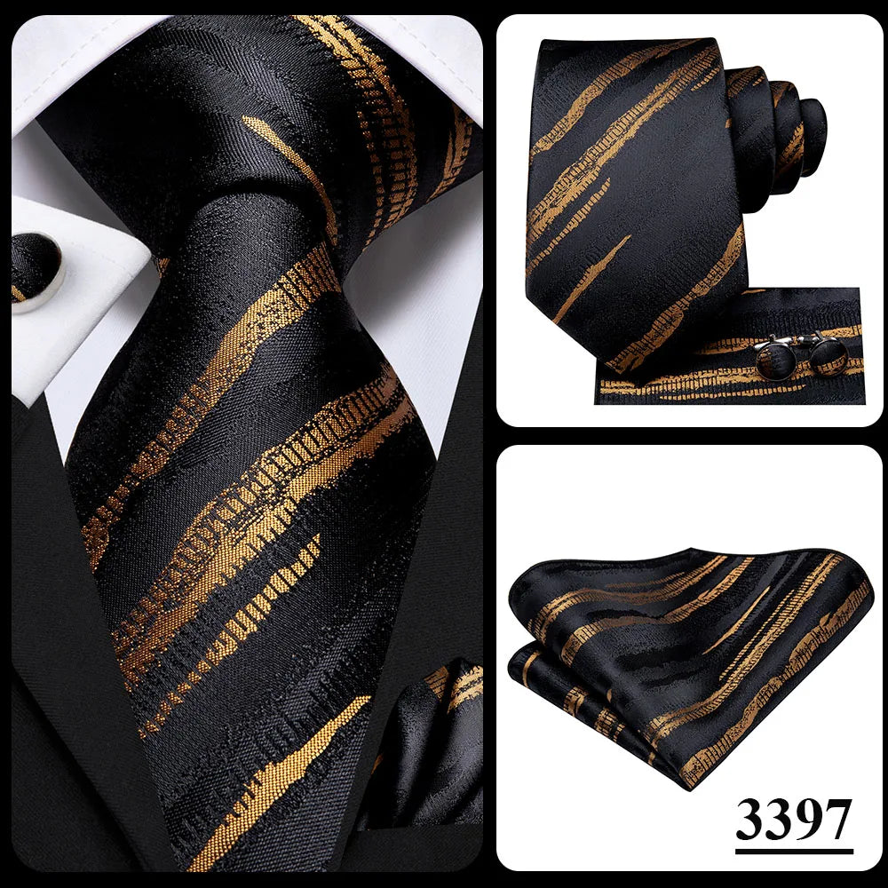 3 Piece Black Floral Silk Wedding Tie For Men Handky Cufflink Elegant Necktie Set For Men