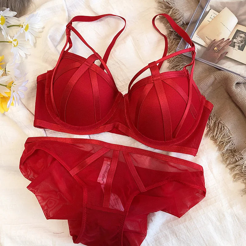 2 Piece Women Lace Underwear Hollow Push Up Bra Set Classic Bandage Lingerie Fashion Fluorescent Plus Size Set