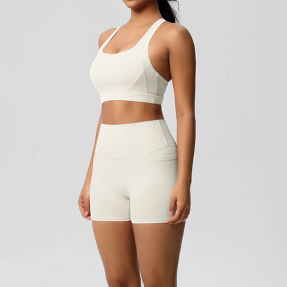 2 Piece Sportswear Pocketed Yoga Set Gym Clothes Yoga Suits Womens Sports Shorts Crossover Bra Gym Leggings Bike Shorts Set The Clothing Company Sydney