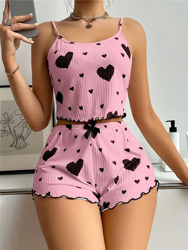 2 Piece Women's Pajamas Set Straps Sleepwear Vest Shorts set Red Heart Print Nightwear Lingerie The Clothing Company Sydney