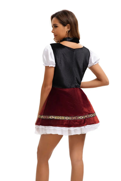 Women's Elegant Ruffled Lace Up Maid Cosplay Costume Oktoberfest Bavarian Dirndl Vintage Festival Dress