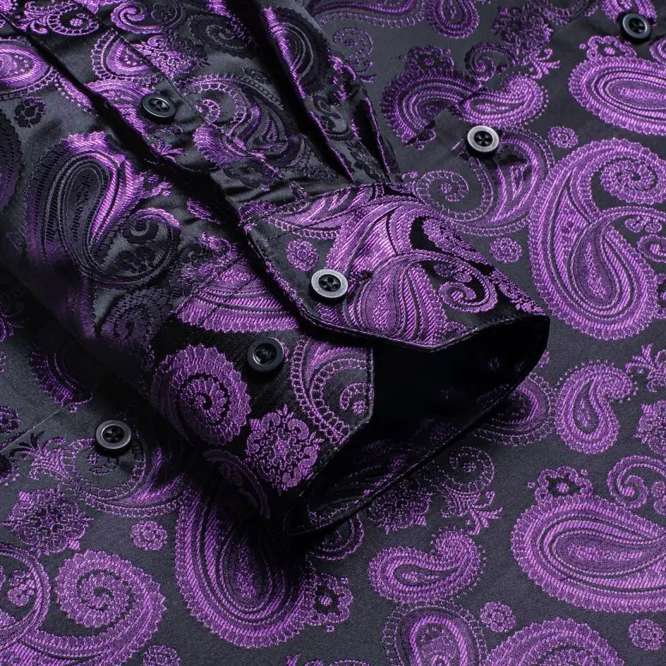 Lilac Mauve Lavender Purple Silk Mens Shirts Luxury Lapel Long Sleeve Dress Shirt