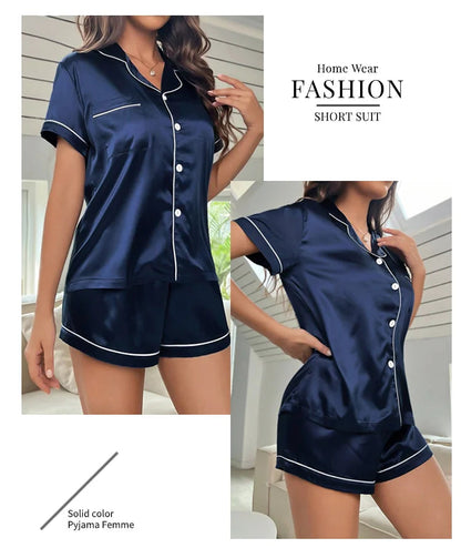 Summer Silk Satin Women Pyjamas Set Button Down Top & Shorts 2 Piece Sleepwear Notched Collar Nightwear Loungewear The Clothing Company Sydney