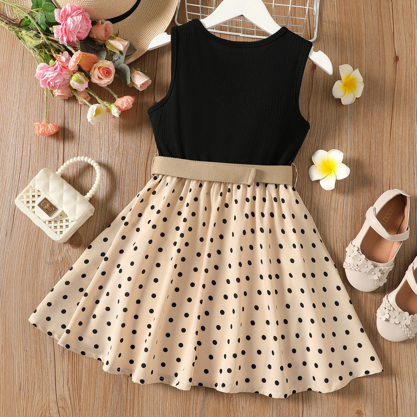 2 Piece Girl Dresses Kids Clothes Girl  Polka Dots Ribbed Girls Splice Sleeveless Dress & Belt The Clothing Company Sydney