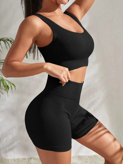 Seamless Ribbed Yoga Sets Workout Sets for Women 2 Pieces Gym Suits Ribbed Crop Tank High Waist Shorts Outfits Fitness Running The Clothing Company Sydney