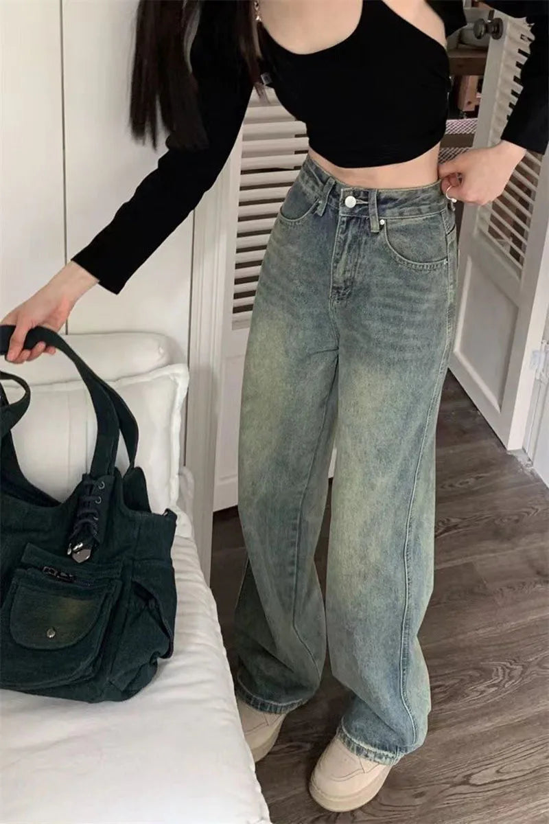 Vintage Baggy Straight Denim Trousers Y2K High Waist Loose Wide Leg Jeans Women Streetwear All-Match Casual Pants