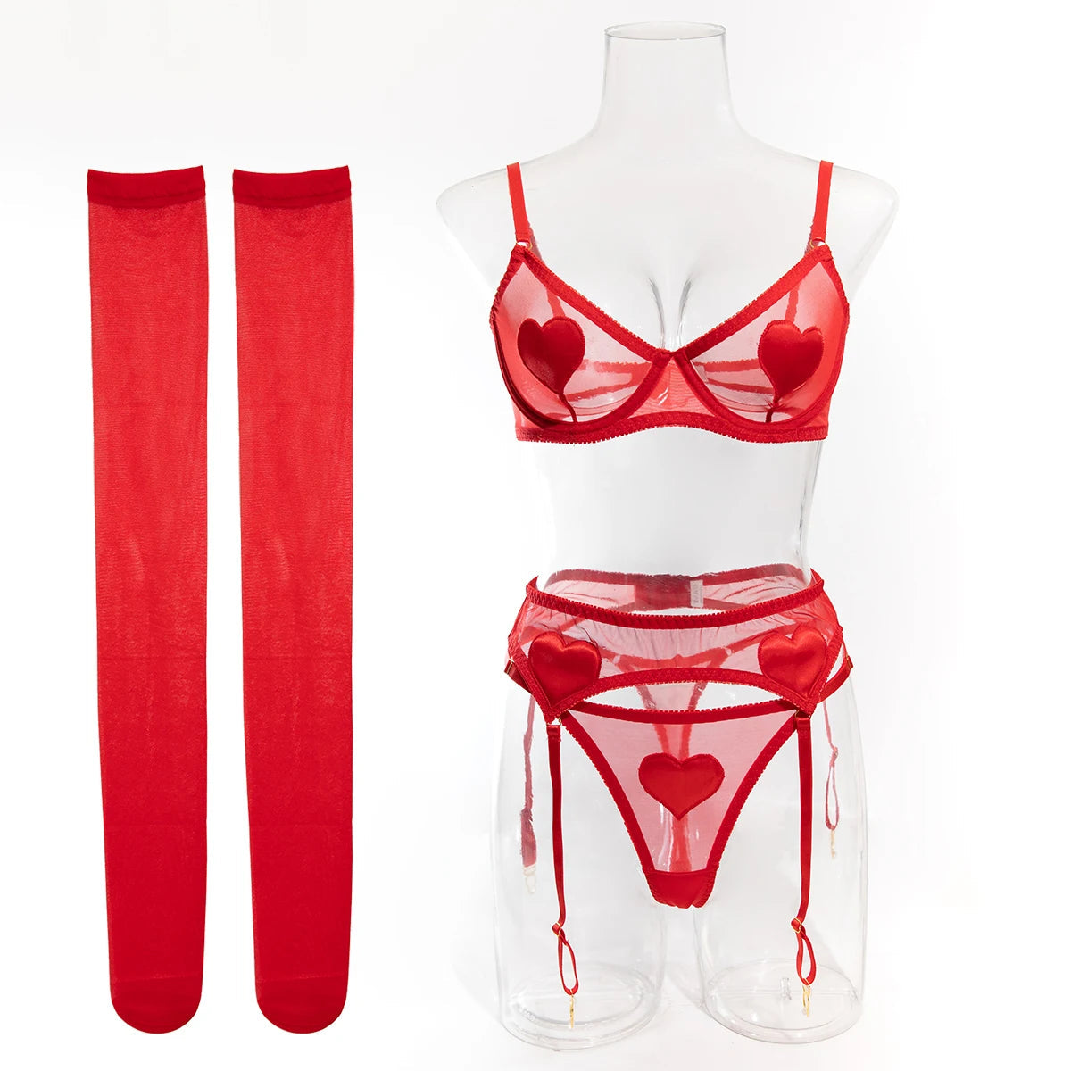 Pink Heart Patchwork Lingerie 4 Piece Mesh See-through Bras And Panties Suits With Stocking Fancy Set The Clothing Company Sydney