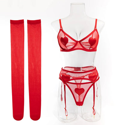 Pink Heart Patchwork Lingerie 4 Piece Mesh See-through Bras And Panties Suits With Stocking Fancy Set The Clothing Company Sydney