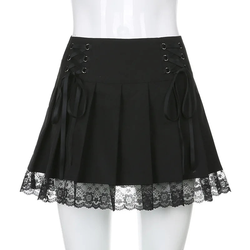 Retro Pleated Skirt Lace Up High Waist Plaid Mesh Stitching Hem Y2K Aesthetic Gothic Black Mini Skirt The Clothing Company Sydney