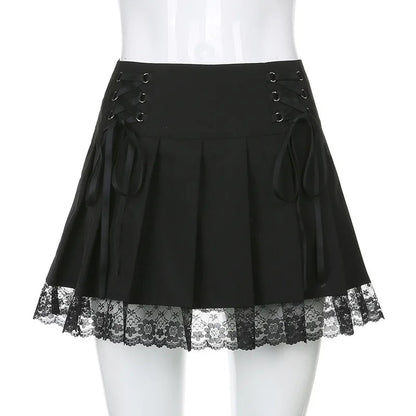 Retro Pleated Skirt Lace Up High Waist Plaid Mesh Stitching Hem Y2K Aesthetic Gothic Black Mini Skirt The Clothing Company Sydney