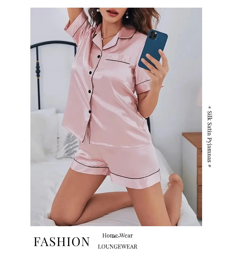 Summer Silk Satin Women Pyjamas Set Button Down Top & Shorts 2 Piece Sleepwear Notched Collar Nightwear Loungewear The Clothing Company Sydney