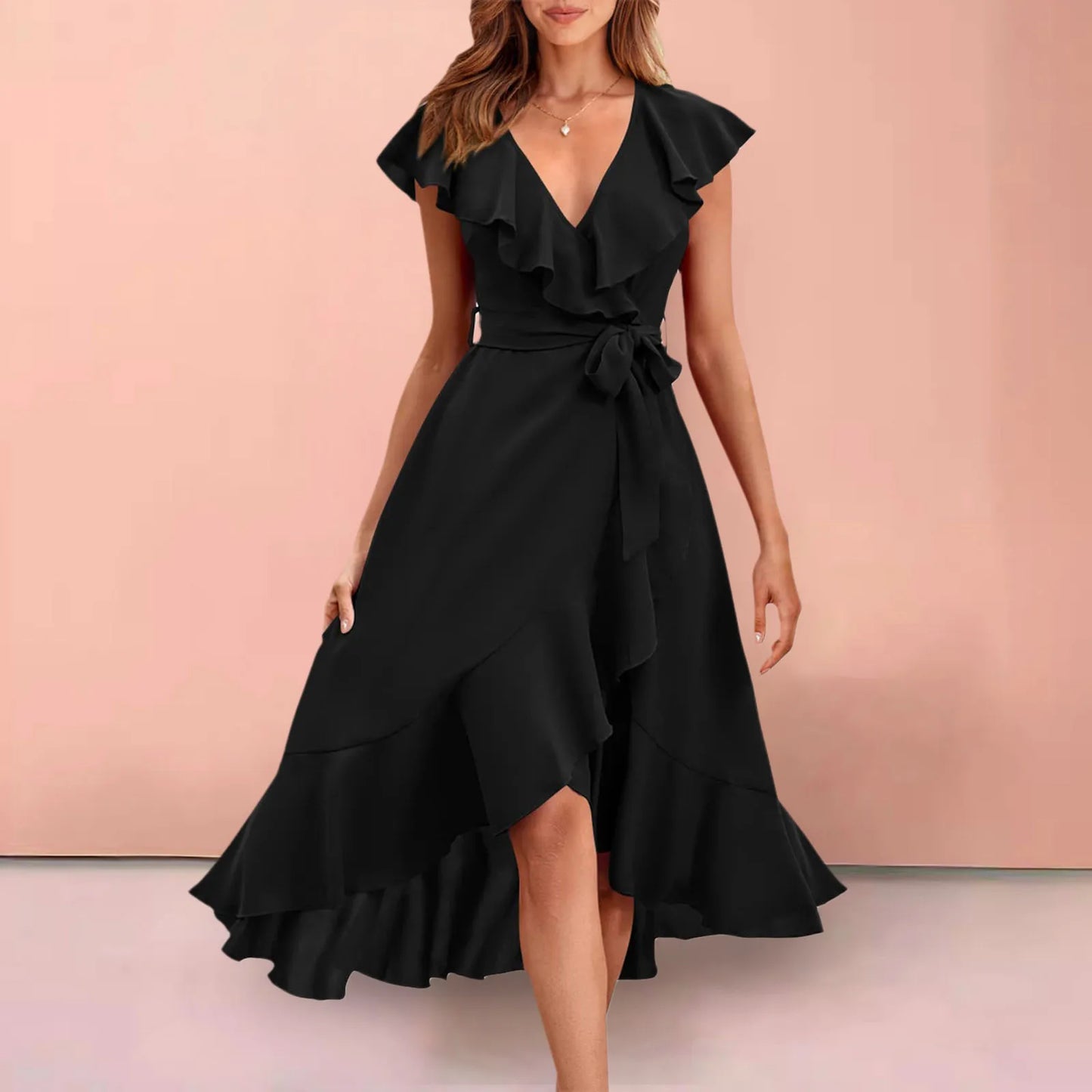 Women's Boho Dress Ruffled Deep V Neck Irregular Long Dress Belted Short Sleeve Wrapped Double Layer Casual Beach Sundress The Clothing Company Sydney