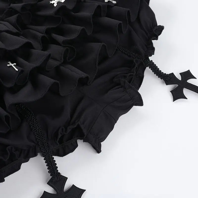 Women's Tiered Ruffles Mini Skirt with Cross Charms Built-in Shorts Skort Gothic Punk Skirt The Clothing Company Sydney