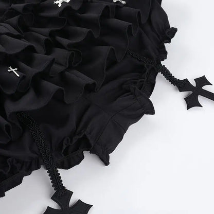 Women's Tiered Ruffles Mini Skirt with Cross Charms Built-in Shorts Skort Gothic Punk Skirt The Clothing Company Sydney