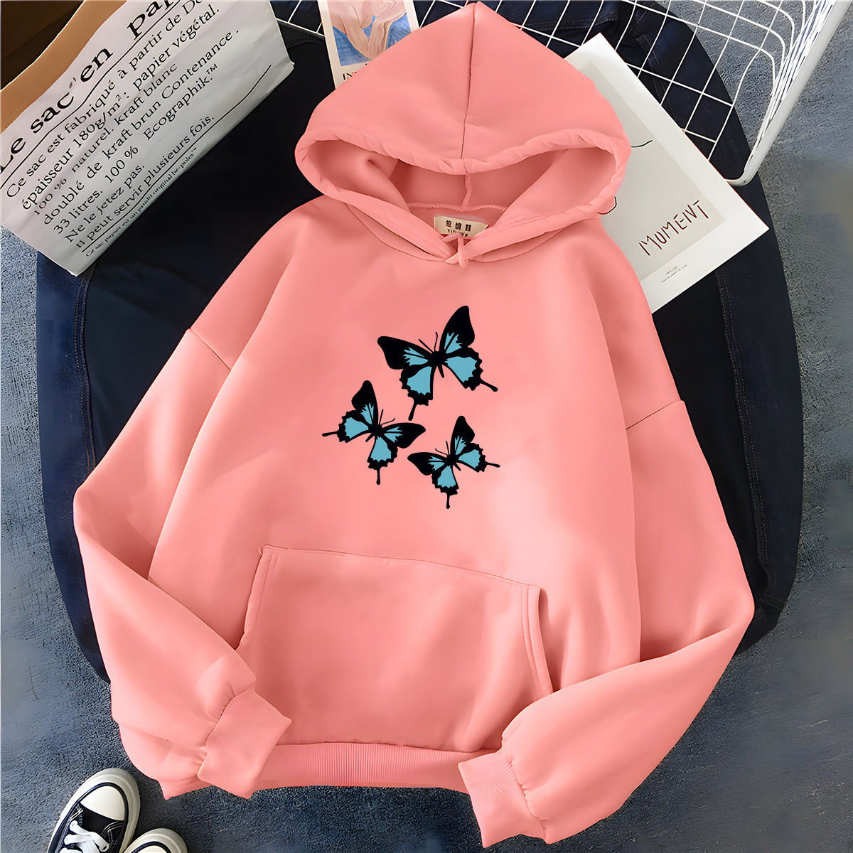 Butterflies Graphic Print Womens Long Sleeve Oversized Sweatshirt Streetwear Fleece Ladies Top