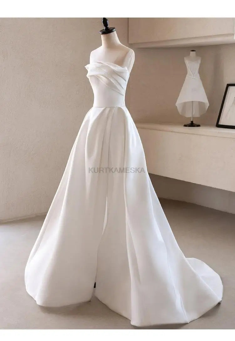 Luxury White Satin Trailing Wedding Dresses Women Elegant Strapless Long Prom Party Bridal Dress