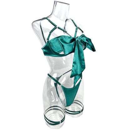 Bowknot Lingerie Open Bra Lace Up Underwear 3-Piece Satin Outfit Set The Clothing Company Sydney