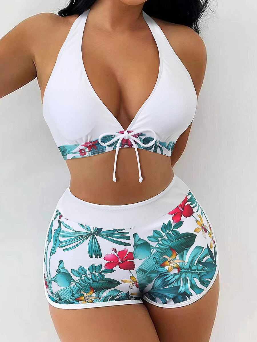 2 Piece Halter Bikini Set Shorts Swimsuit High Waist Swimwear Female Printed Bathers Swimming Bathing Swim Suit Beachwear