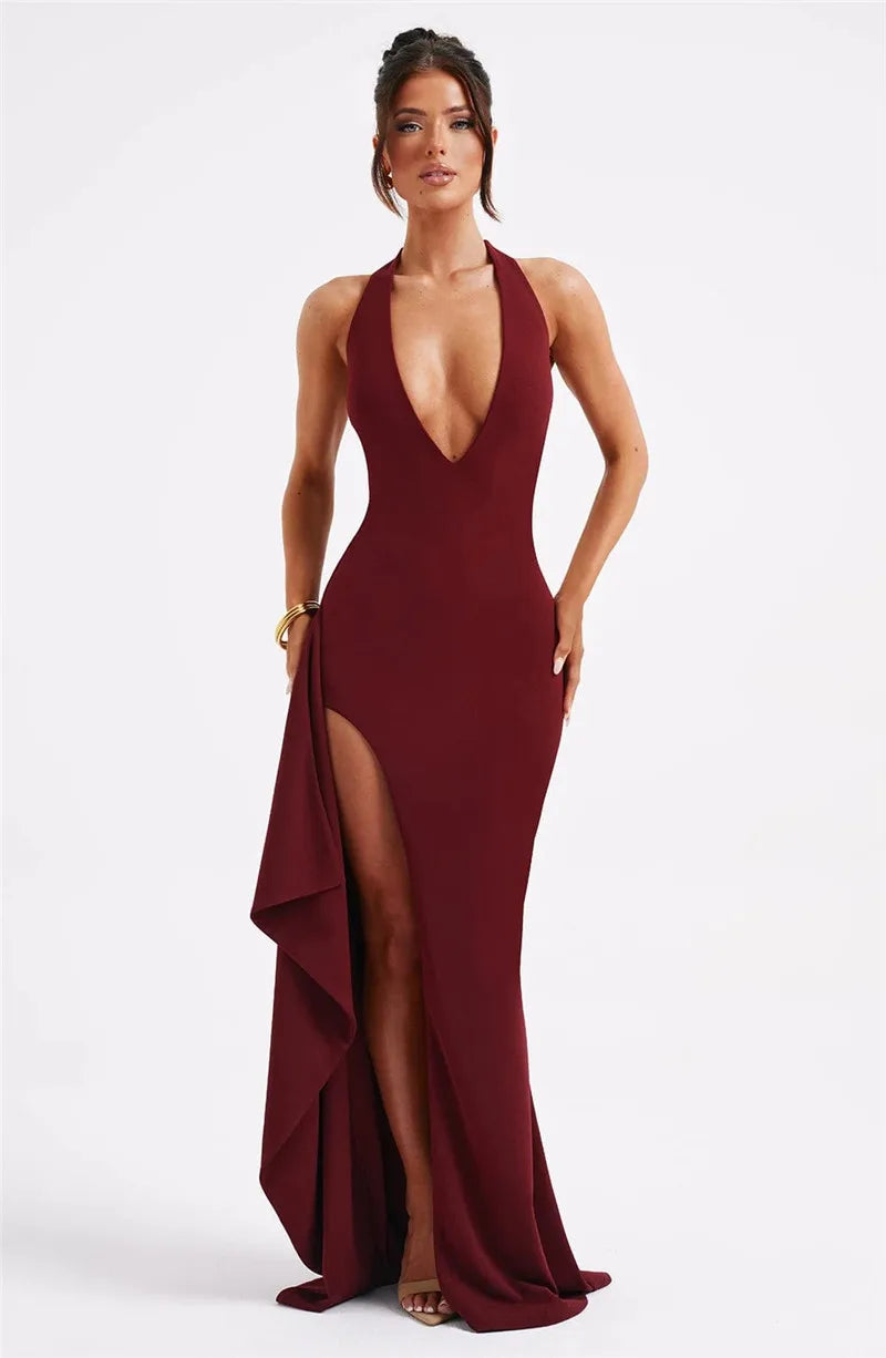 Deep V Neck Thigh High Split Maxi Halter Sleeveless Backless Bodycon Club Party Long Dress The Clothing Company Sydney