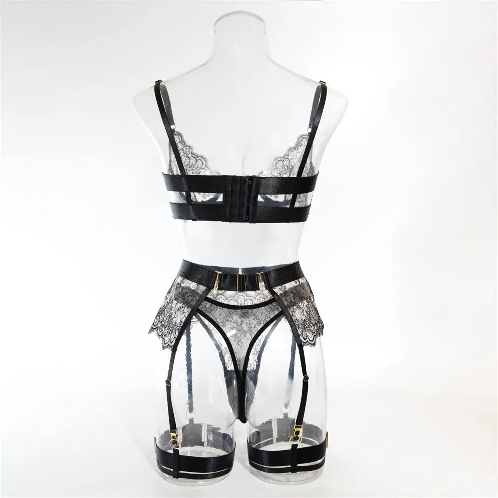 Luxury Black Flower Embroidery Lingerie 4 Piece Mesh Transparent Metal Buckle Bra And Thong Garter Set The Clothing Company Sydney