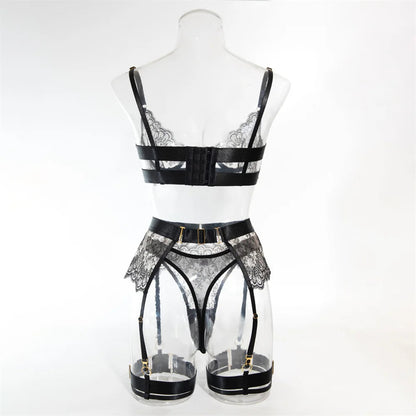 Luxury Black Flower Embroidery Lingerie 4 Piece Mesh Transparent Metal Buckle Bra And Thong Garter Set The Clothing Company Sydney
