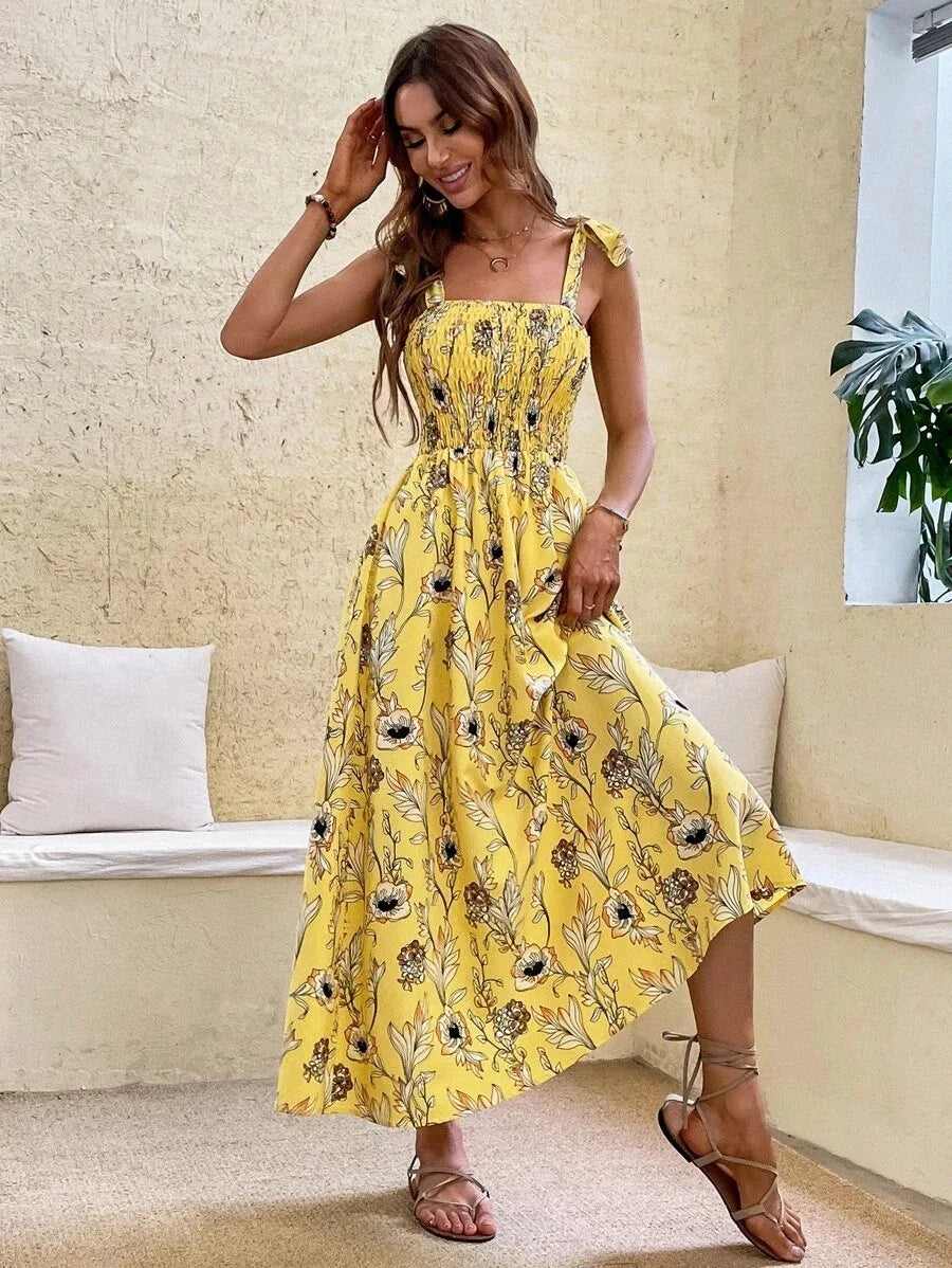 Floral Long Dress Women's Backless Sleeveless Bandage Beach Sundress Casual Green Summer Ladies Dresses