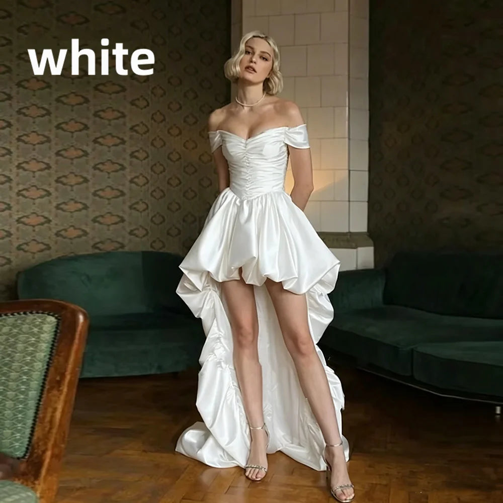 Satin off-shoulder bridal gown with ruched bodice, lace-up back, short front and long train wedding dress