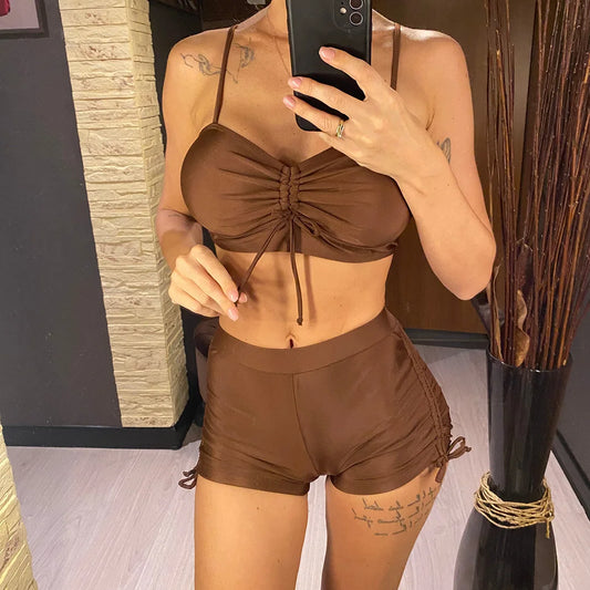 Wrinkled Knotted Shorts High Waist Swimsuit Women Swimwear Two-piece Bikini set Bather Bathing Suit