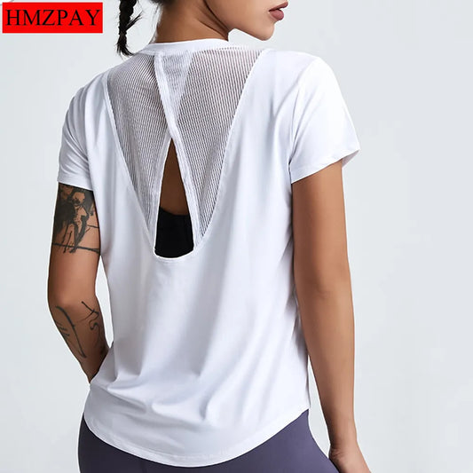Women's Loose Fit Yoga Tops Short-Sleeved Running Quick-Drying T-Shirts Short Sleeve Sports Hollow Fitness Clothes The Clothing Company Sydney
