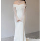 One Shoulder Satin Light Wedding Dress with Simple and Slim Fit Sweet Long Sleeved Bride Evening Gown