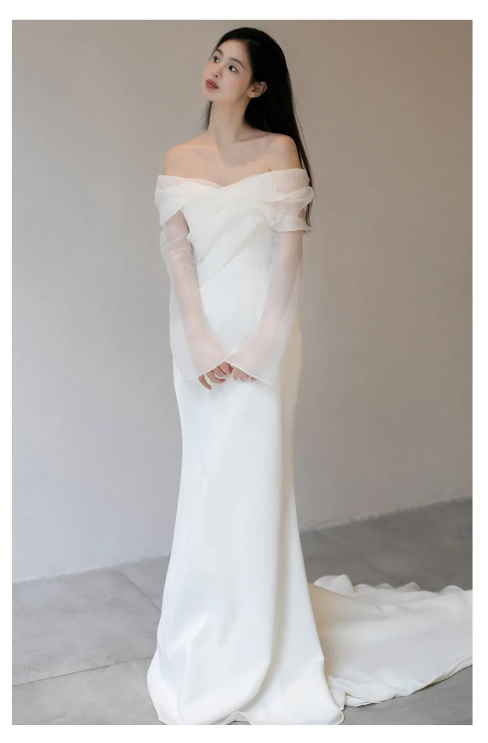 One Shoulder Satin Light Wedding Dress with Simple and Slim Fit Sweet Long Sleeved Bride Evening Gown