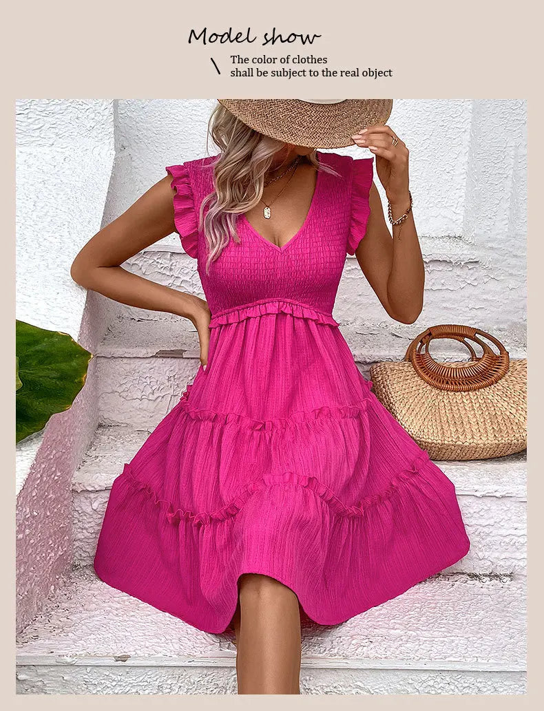 Summer Midi Dresses Casual Red Ruffle Big Hem Holiday Beach Dress Fashion Sleevelee V Neck Dresses The Clothing Company Sydney