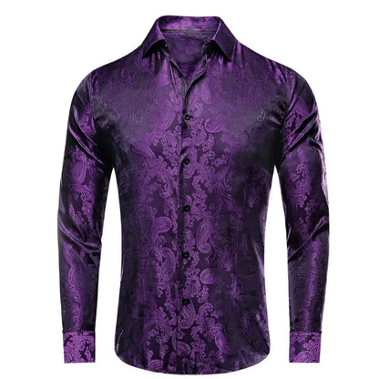 Lilac Mauve Lavender Purple Silk Mens Shirts Luxury Lapel Long Sleeve Dress Shirt