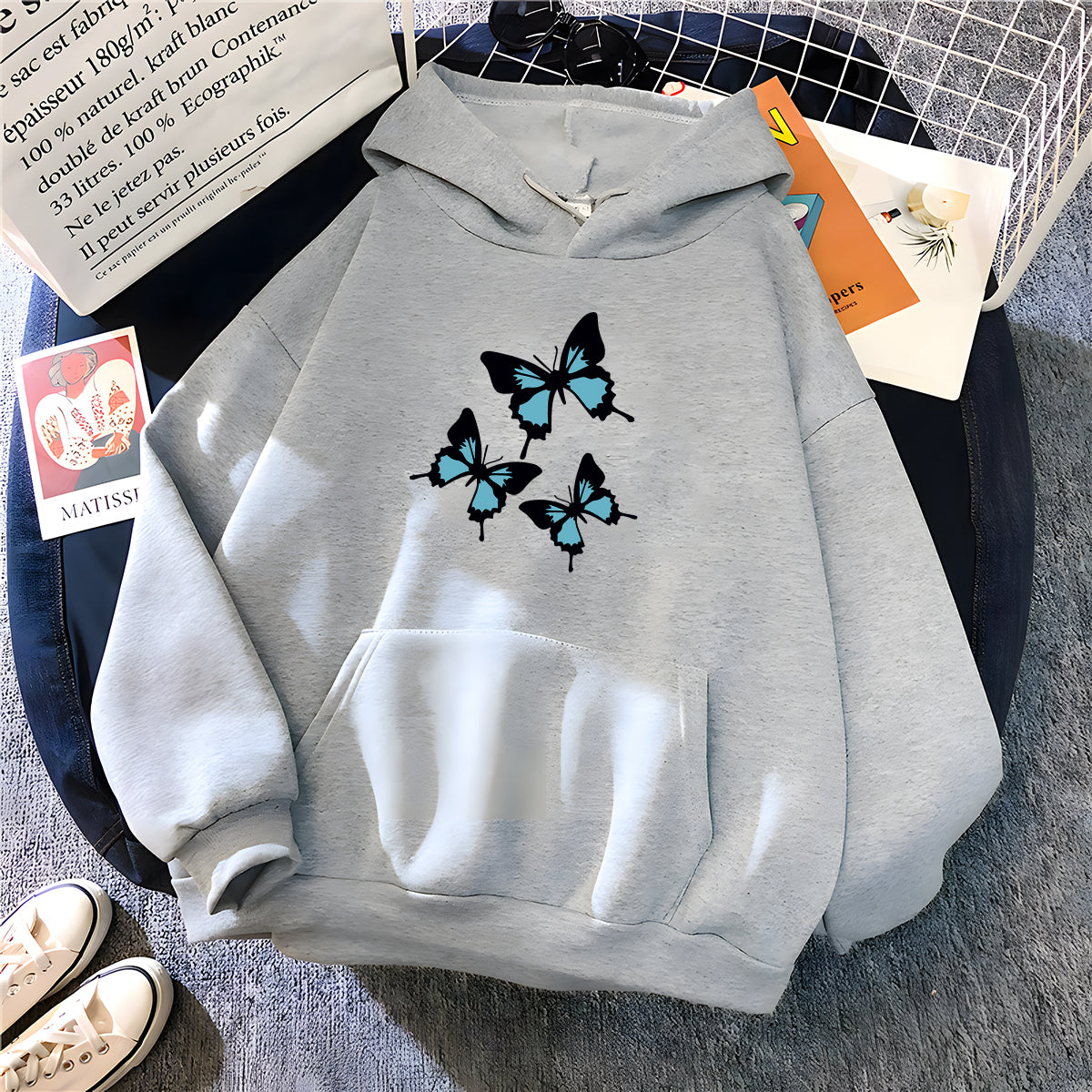 Butterflies Graphic Print Womens Long Sleeve Oversized Sweatshirt Streetwear Fleece Ladies Top