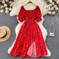 Women's Fashion Romantic Floral Print Split Long Summer Dress Puff Sleeve Party Dress