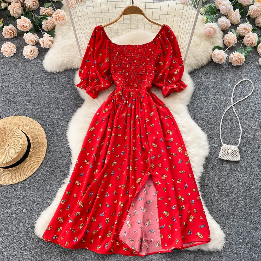Women's Fashion Romantic Floral Print Split Long Summer Dress Puff Sleeve Party Dress