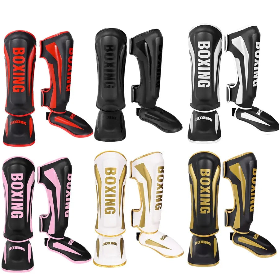 Muay Thai shin guards leg protectors with foot and back padding for boxing, fighting, and taekwondo training