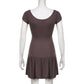 Brown Vintage Y2K Folds Slim Summer Mini Dress for Women Round Neck Dress The Clothing Company Sydney