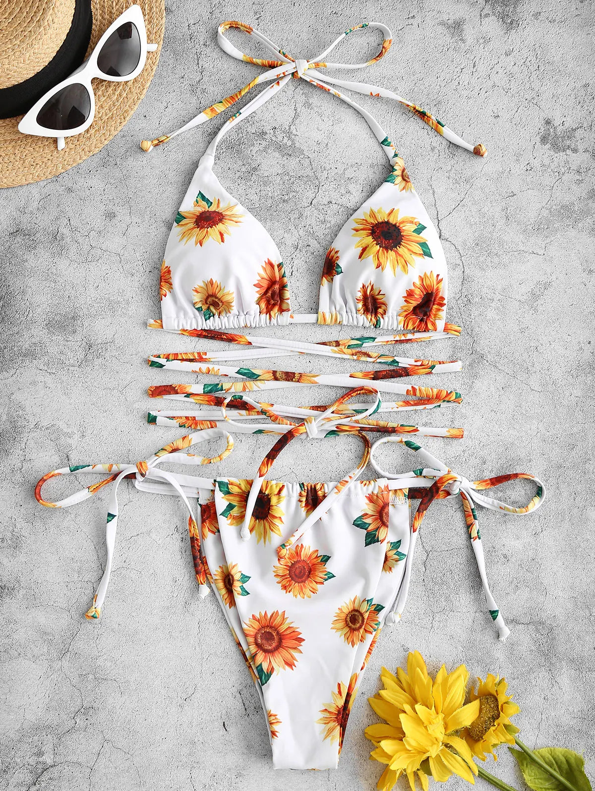 2 Piece Sunflower Print Tie Floss Bikini Swimwear