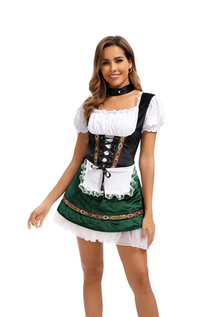 Women's Elegant Ruffled Lace Up Maid Cosplay Costume Oktoberfest Bavarian Dirndl Vintage Festival Dress