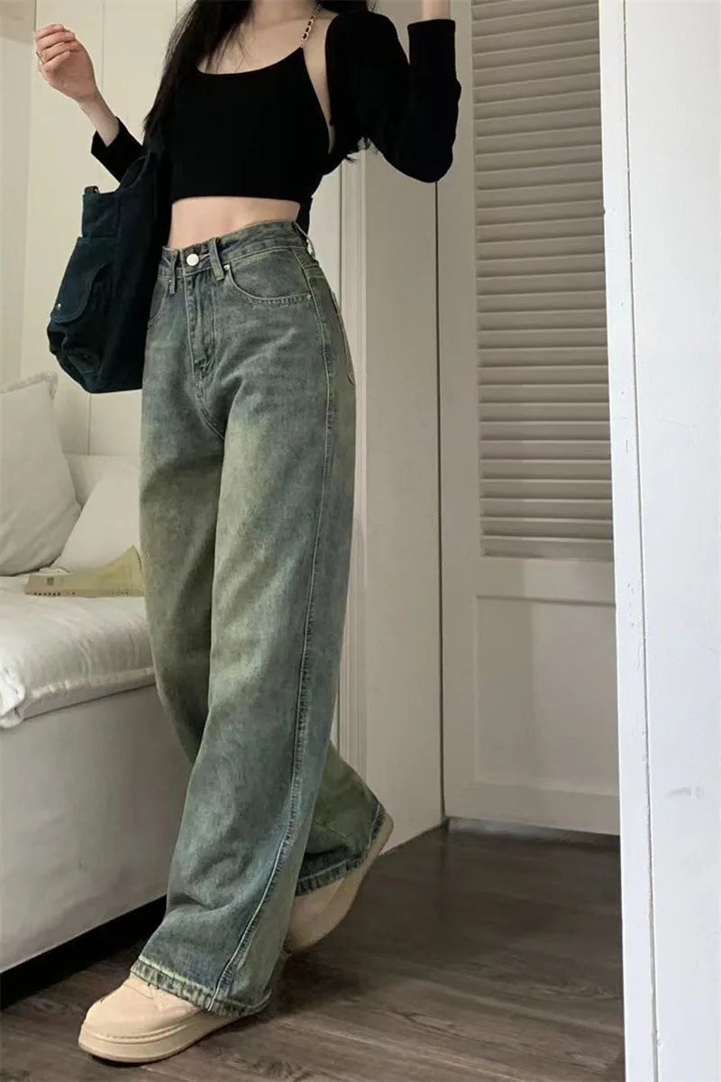 Vintage Baggy Straight Denim Trousers Y2K High Waist Loose Wide Leg Jeans Women Streetwear All-Match Casual Pants